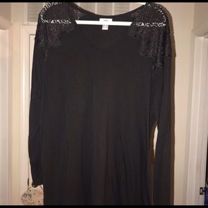 Plus size lace shoulder black long sleeve top